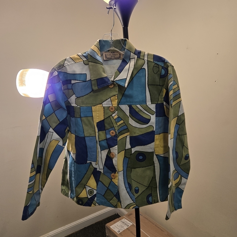 Patchwork Blue and Green Beaded Jean Jacket. 20x25